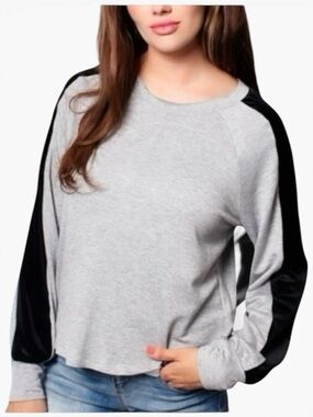 MOA MOA Pullover Top in Soft Light Grey with Contrasting Black Sleeve Stripes